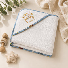 Prince crown embroidered hooded baby towel folded, blue printed trim
