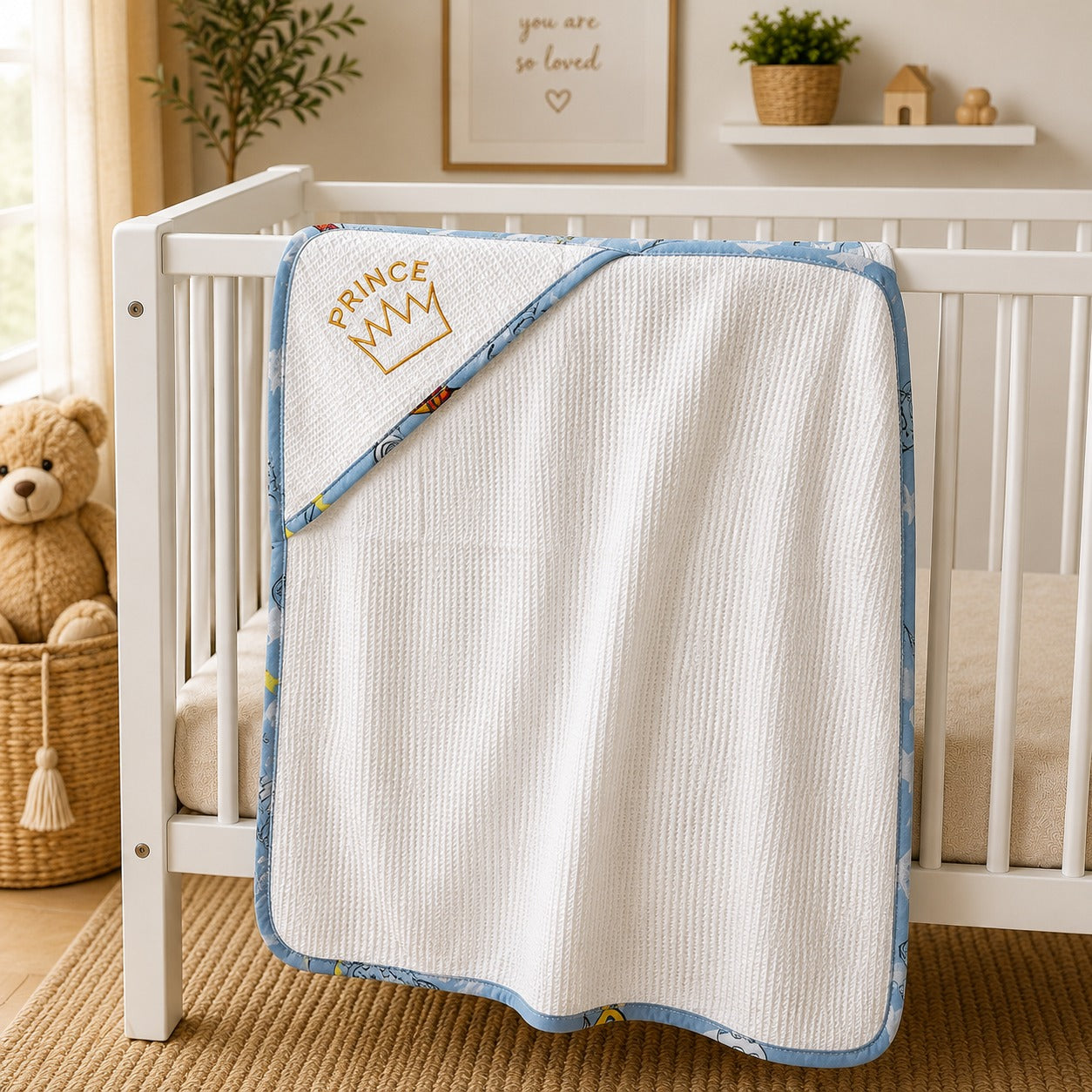 Prince crown hooded baby towel hanging on a white crib