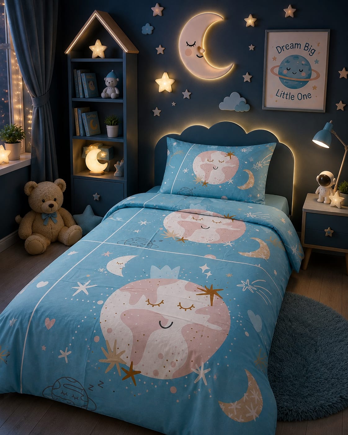 Sleepy moon celestial kids single bed sheet in blue with stars