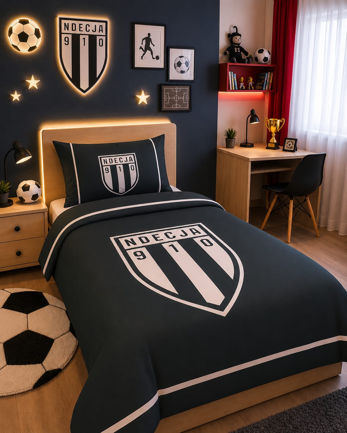 Football club crest kids single bed sheet in navy black and white