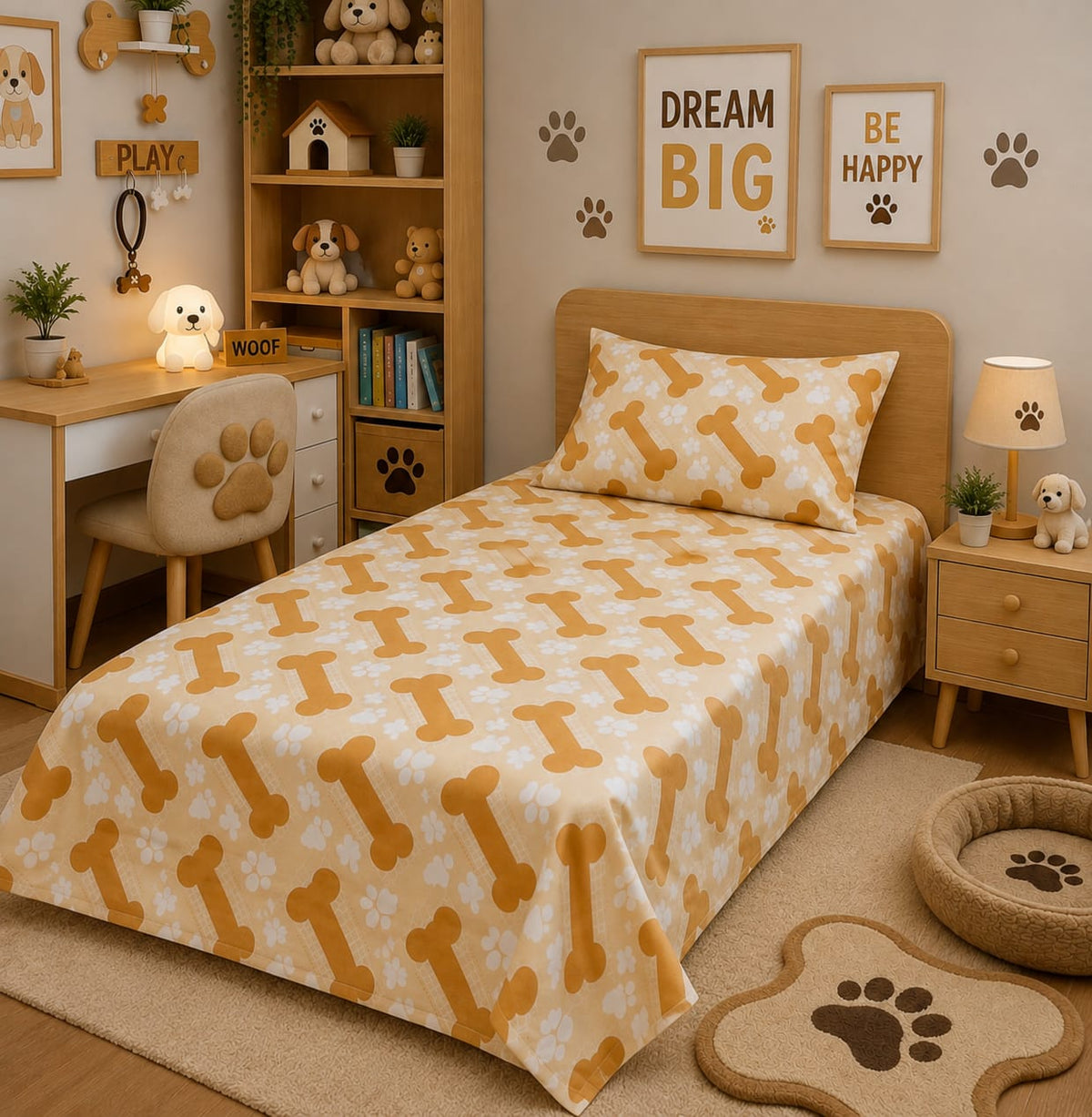 Puppy Bones & Paws Kids Single Bed Sheet with Pillow Case