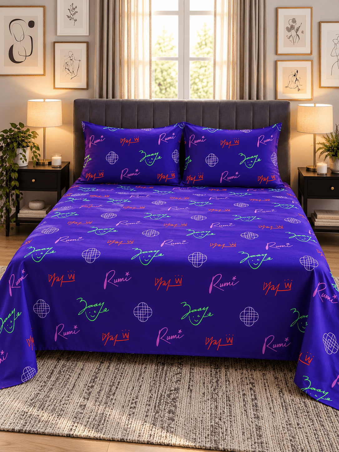 Purple Graffiti Names Kids Double Bed Sheet with 2 Pillow Cases - The Idea