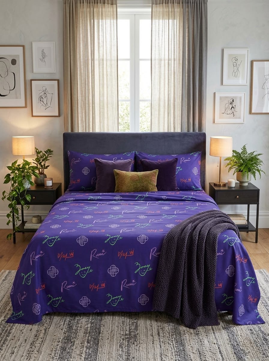 Purple Graffiti Names Kids Double Bed Sheet with 2 Pillow Cases - The Idea