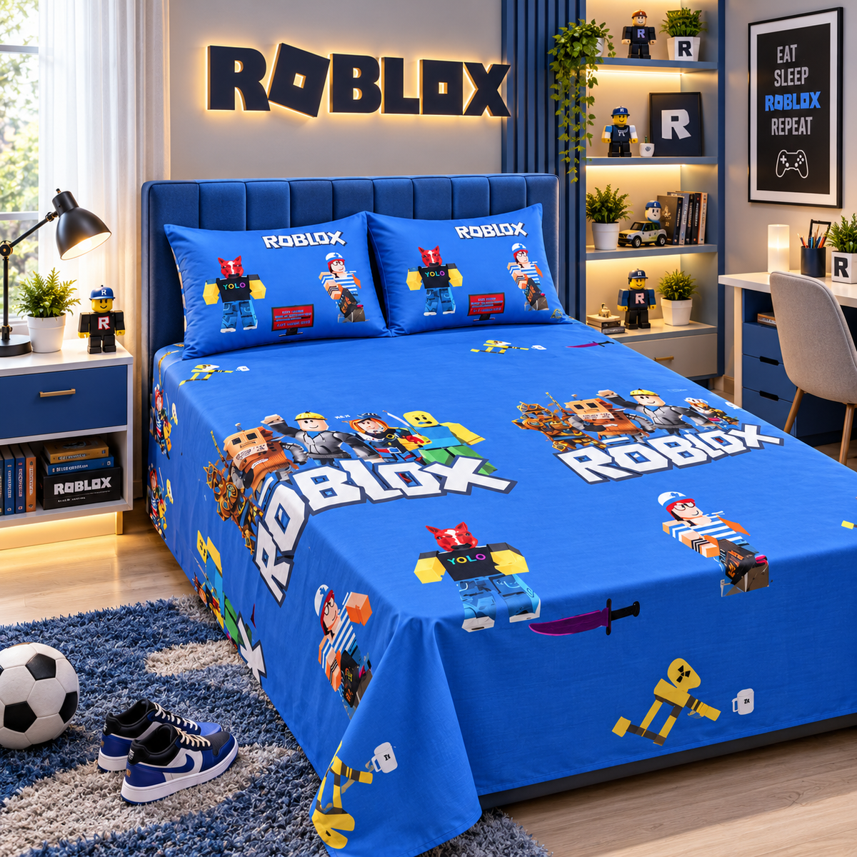 Roblox Blue Kids Double Bed Sheet with 2 Pillow Cases - The Idea