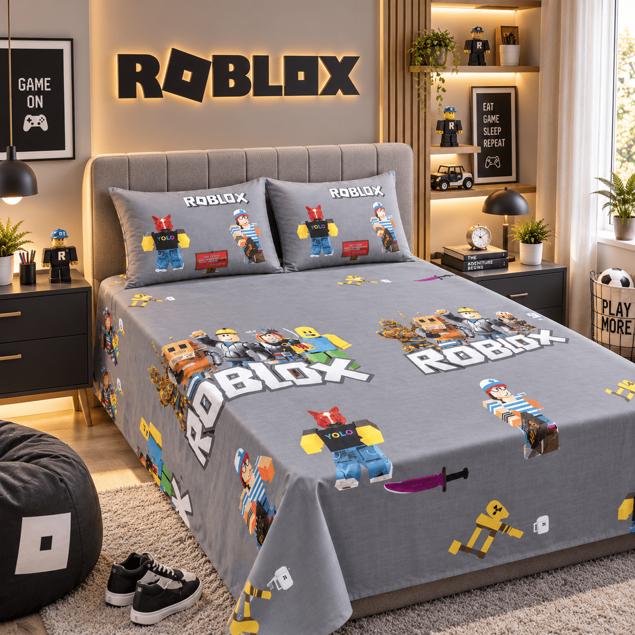 Roblox Grey Kids Double Bed Sheet with 2 Pillow Cases - The Idea