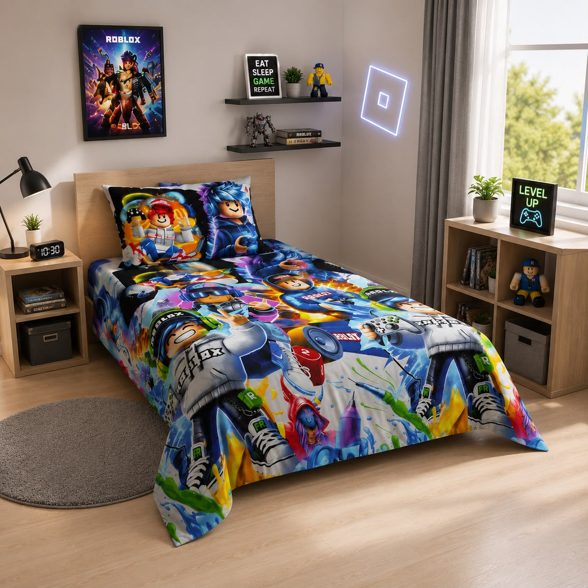 Roblox splash art kids single bed sheet with pillow case in a gaming bedroom