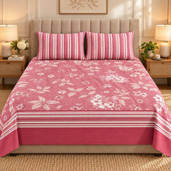 Rose Meadow Stripe Printed Cotton Double Bed Sheet with 2 Pillow Cases - The Idea