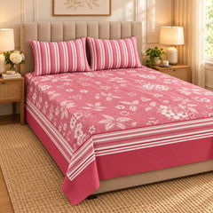 Rose Meadow Stripe Printed Cotton Double Bed Sheet with 2 Pillow Cases - The Idea