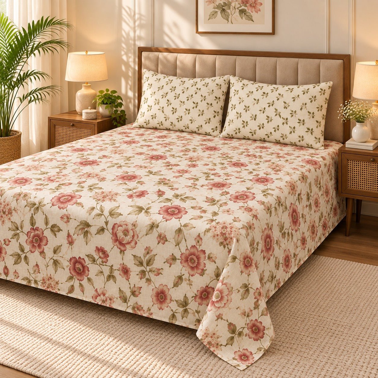 Rosewood Blossom Cream Printed Cotton Double Bed Sheet with 2 Pillow Cases - The Idea