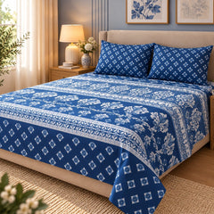 Royal Blue Damask Printed Cotton Double Bed Sheet with 2 Pillow Cases - The Idea