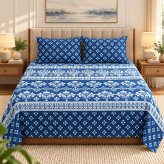Royal Blue Damask Printed Cotton Double Bed Sheet with 2 Pillow Cases - The Idea