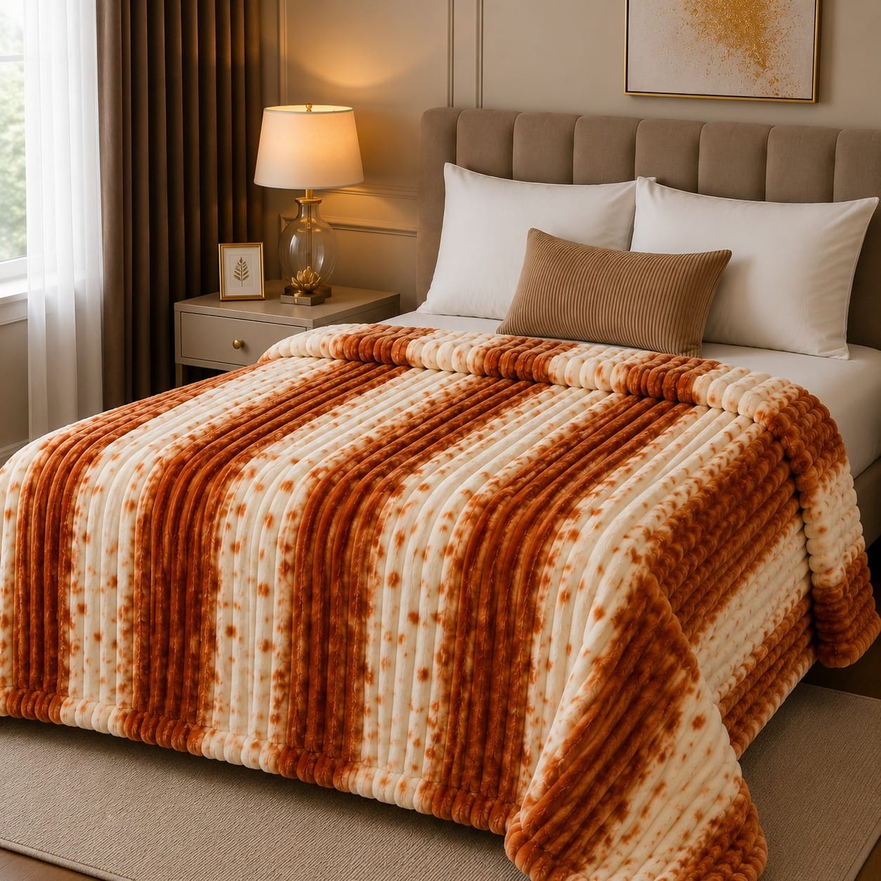 Luxury Rust Copper Stripe Fleece Blanket Double Bed