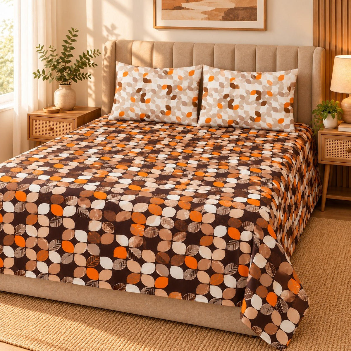 Rust Geo Blocks Printed Cotton Double Bed Sheet with 2 Pillow Cases - The Idea