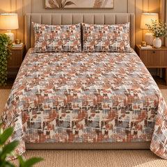 Rustic Terracotta Abstract Printed Cotton Double Bed Sheet with 2 Pillow Cases - The Idea