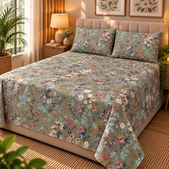 Sage Bouquet Printed Cotton Double Bed Sheet with 2 Pillow Cases - The Idea