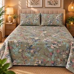 Sage Bouquet Printed Cotton Double Bed Sheet with 2 Pillow Cases - The Idea
