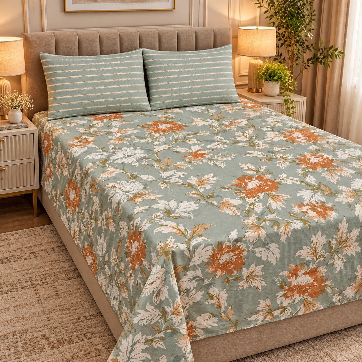 Sage Chrysanthemum Rust Printed Cotton Double Bed Sheet with 2 Pillow Cases - The Idea