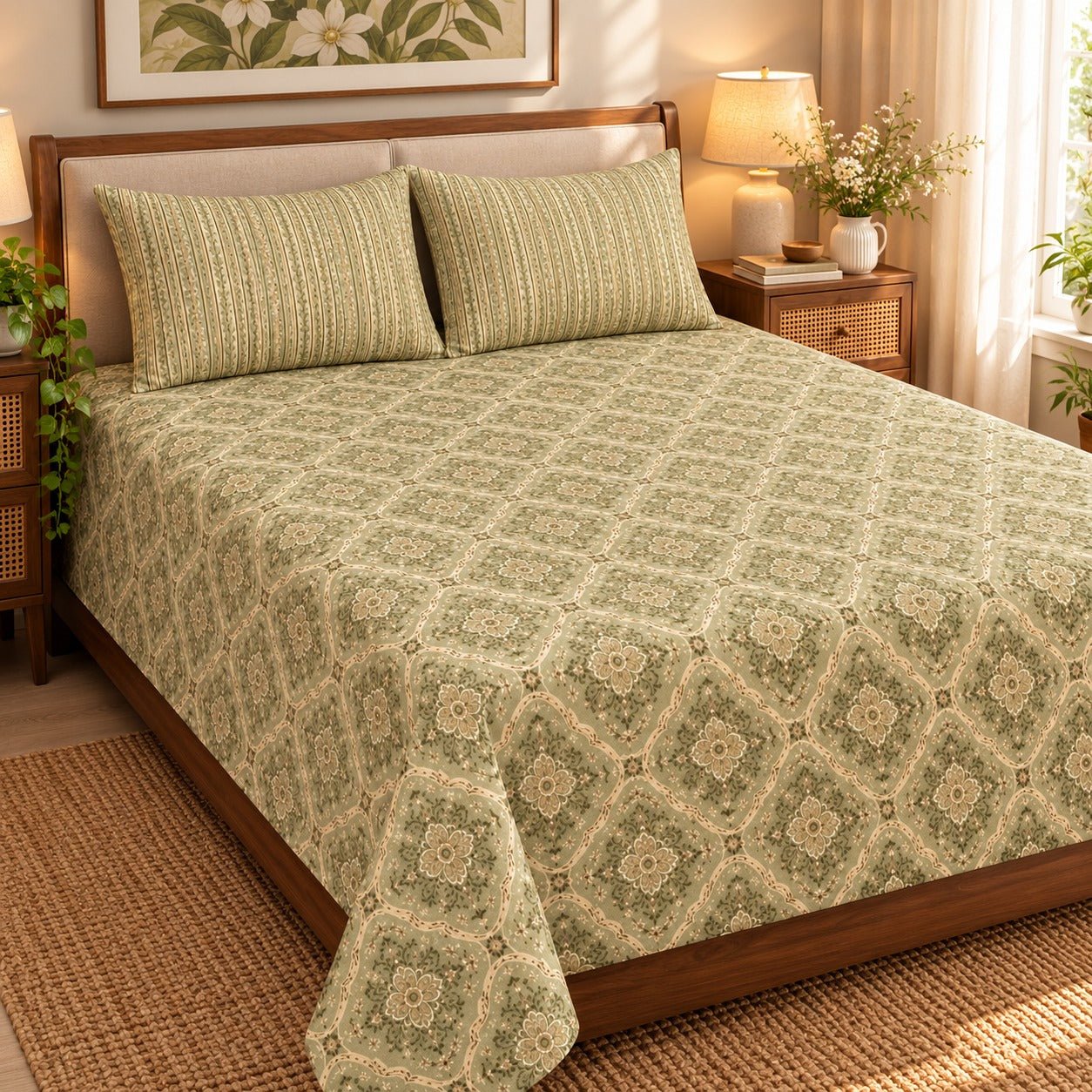 Sage Floral Medallion Printed Cotton Double Bed Sheet with 2 Pillow Cases - The Idea