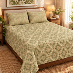 Sage Floral Medallion Printed Cotton Double Bed Sheet with 2 Pillow Cases - The Idea