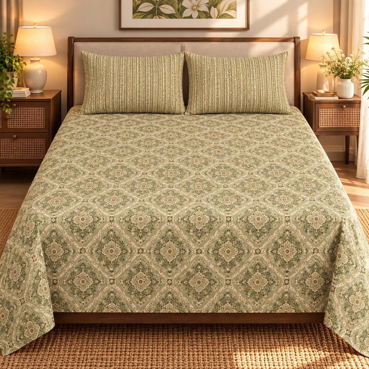Sage Floral Medallion Printed Cotton Double Bed Sheet with 2 Pillow Cases - The Idea