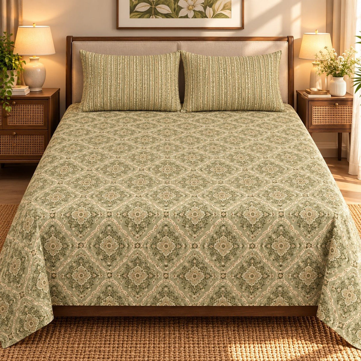 Sage Floral Medallion Printed Cotton Double Bed Sheet with 2 Pillow Cases - The Idea