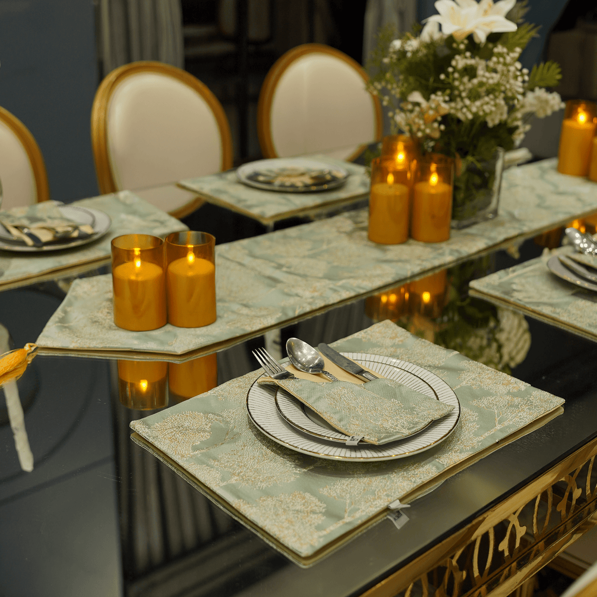 Sage Green Floral Jacquard Dining Set – Table Runner, 6 Placemats & 6 Spoon Covers - The Idea
