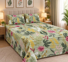 Sage Green Floral Kids Double Bed Sheet with 2 Pillow Cases - The Idea