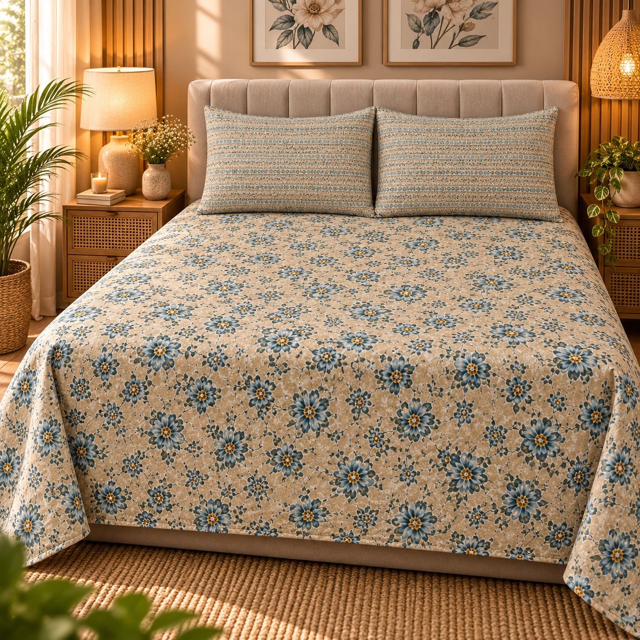 Sandstone Blue Daisy Printed Cotton Double Bed Sheet with 2 Pillow Cases - The Idea