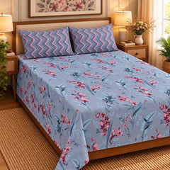 Sepia Bloom Printed Cotton Double Bed Sheet with 2 Pillow Cases - The Idea