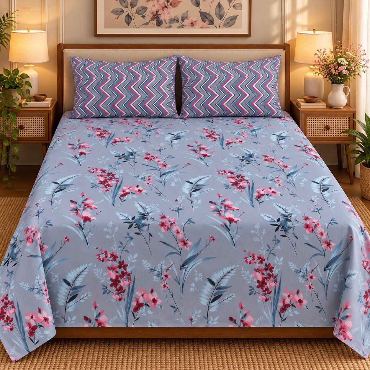 Sepia Bloom Printed Cotton Double Bed Sheet with 2 Pillow Cases - The Idea