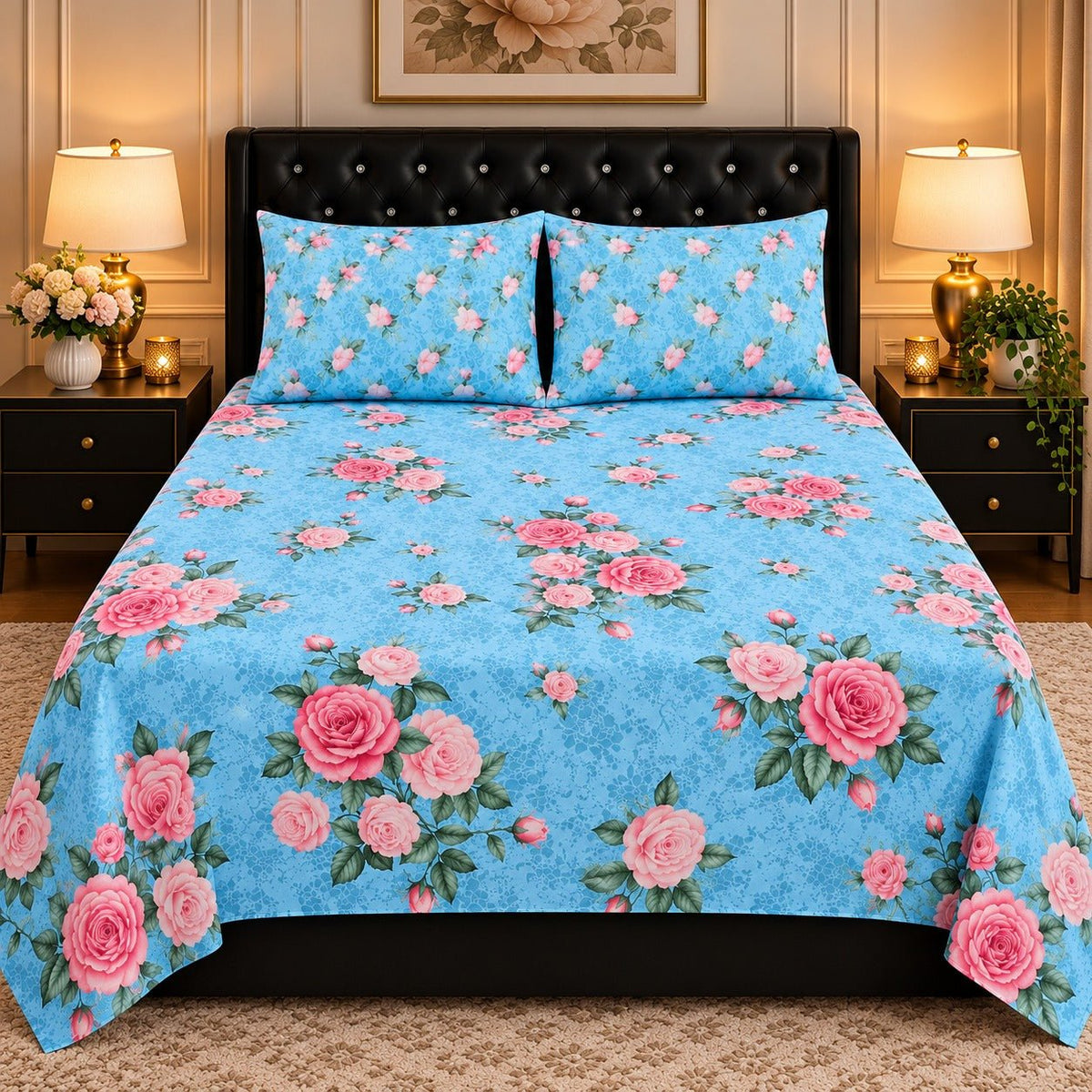 Sky Blue Rose Bouquet Printed Cotton Double Bed Sheet with 2 Pillow Cases - The Idea
