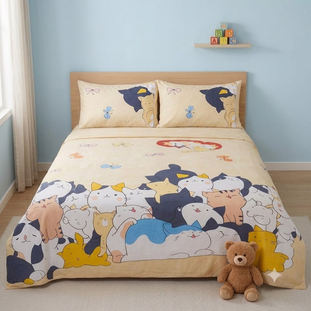 Sleepy Cats Kids Double Bed Sheet with 2 Pillow Cases