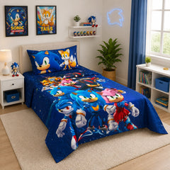 Sonic and friends kids single bed sheet with pillow case in a blue bedroom