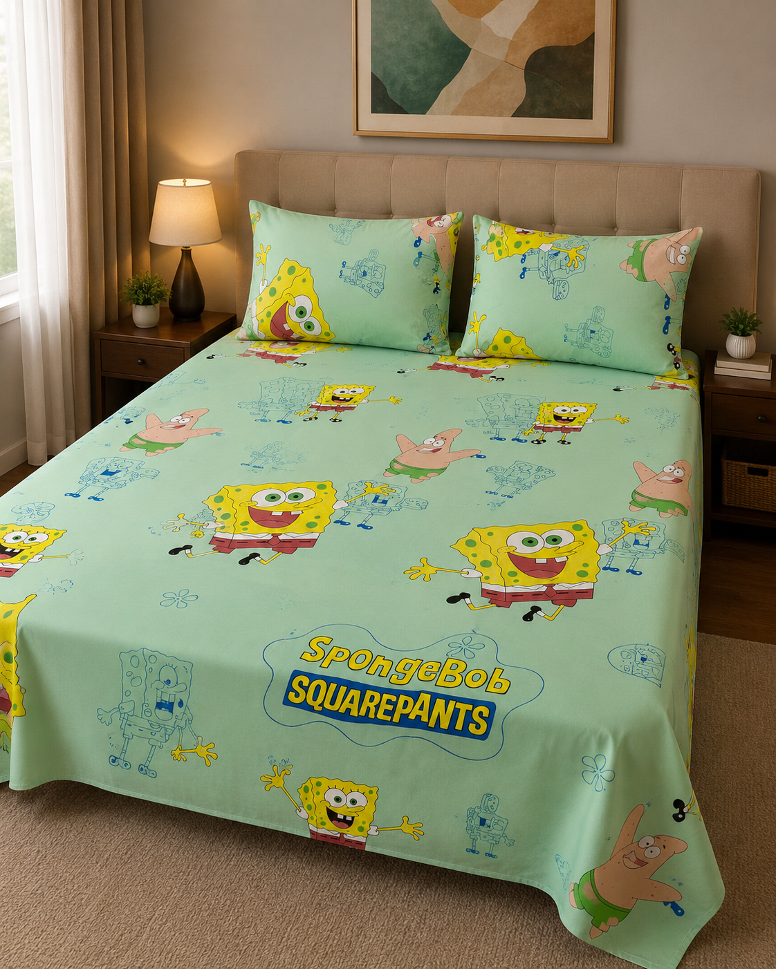 SpongeBob SquarePants Kids Double Bed Sheet with 2 Pillow Cases