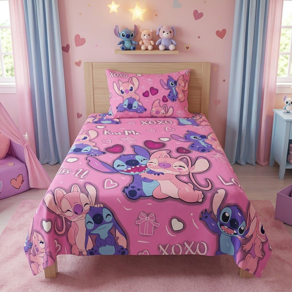 Stitch & Angel Love Pink Kids Single Bed Sheet with Pillow Case - The Idea
