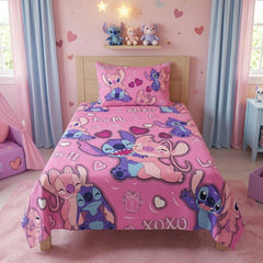Stitch & Angel Love Pink Kids Single Bed Sheet with Pillow Case - The Idea
