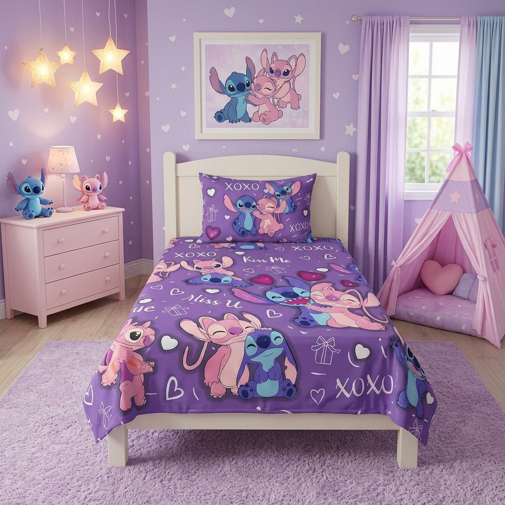 Stitch & Angel Love Purple Kids Single Bed Sheet with Pillow Case - The Idea