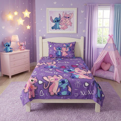 Stitch & Angel Love Purple Kids Single Bed Sheet with Pillow Case - The Idea