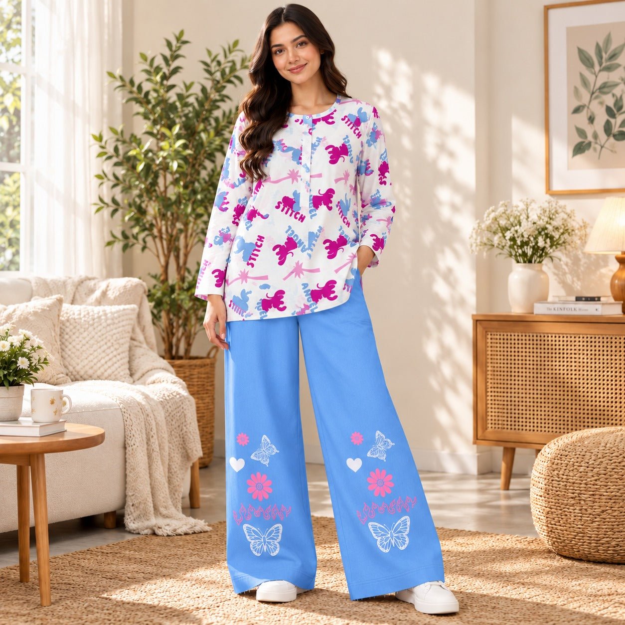 Stitch Printed Top & Blue Butterfly Trouser Co-ord Set - The Idea