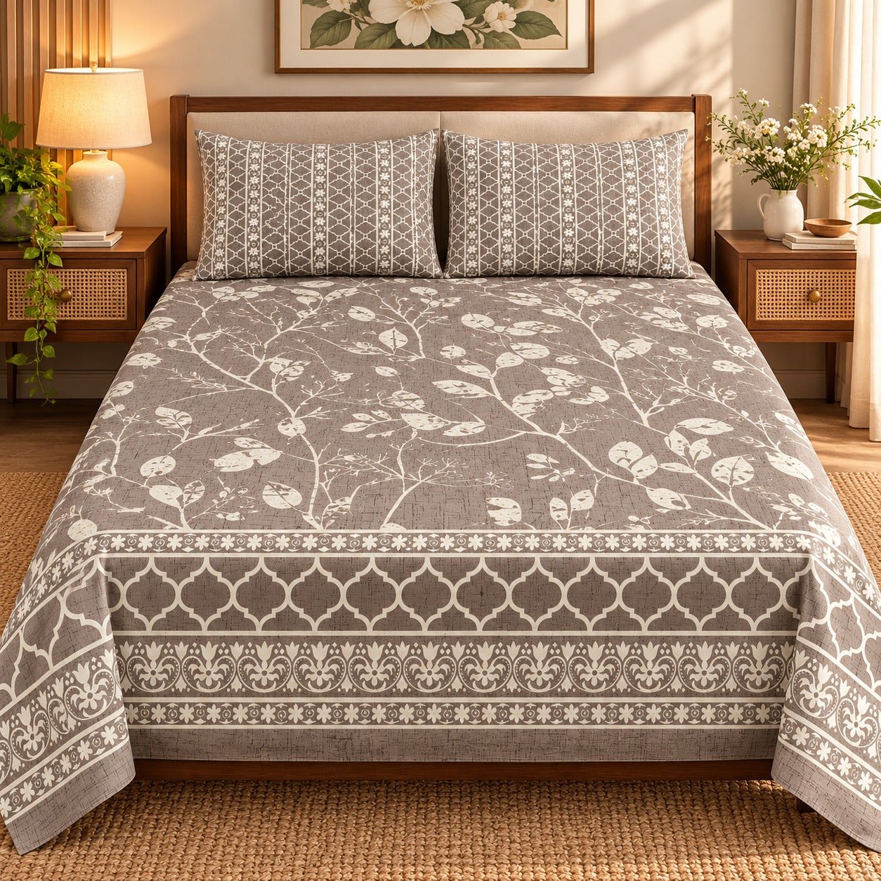 Taupe Heritage Vine Printed Cotton Double Bed Sheet with 2 Pillow Cases - The Idea
