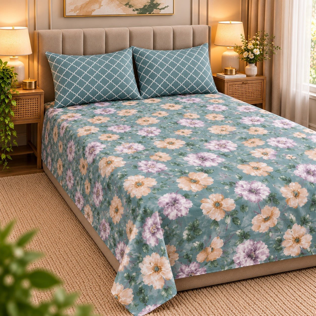 Teal Bloom Trellis Printed Cotton Double Bed Sheet with 2 Pillow Cases - The Idea