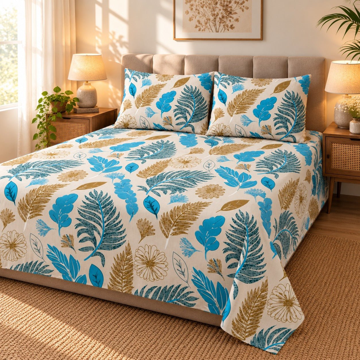 Teal Fern Tropical Printed Cotton Double Bed Sheet with 2 Pillow Cases - The Idea