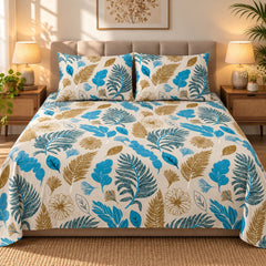 Teal Fern Tropical Printed Cotton Double Bed Sheet with 2 Pillow Cases - The Idea