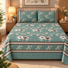Teal Garden Border Printed Cotton Double Bed Sheet with 2 Pillow Cases - The Idea