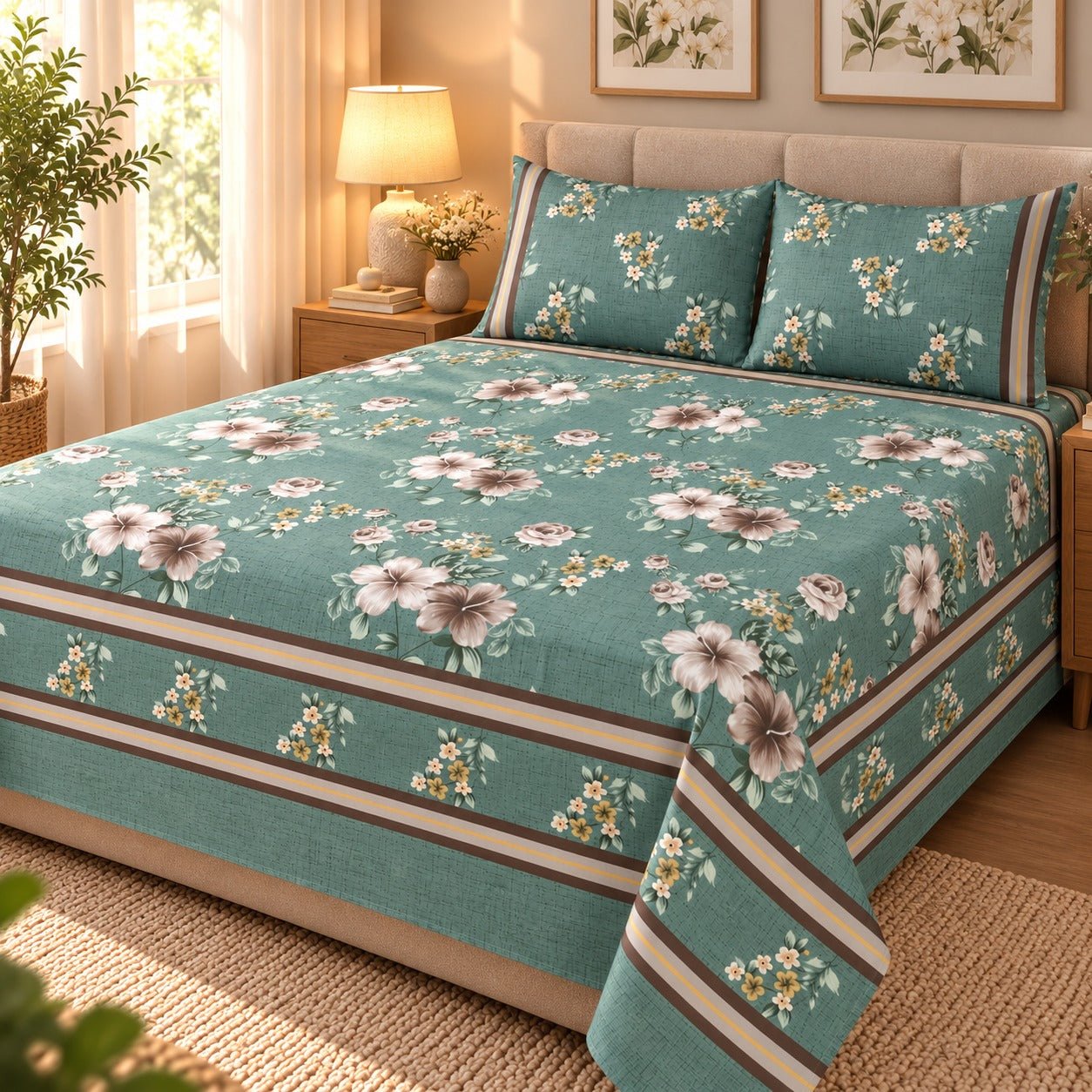 Teal Garden Border Printed Cotton Double Bed Sheet with 2 Pillow Cases - The Idea