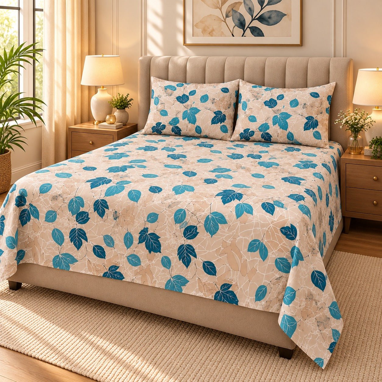 Teal Leaf Scatter Printed Cotton Double Bed Sheet with 2 Pillow Cases - The Idea