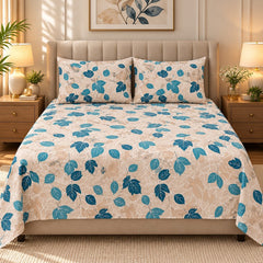 Teal Leaf Scatter Printed Cotton Double Bed Sheet with 2 Pillow Cases - The Idea