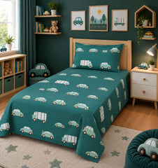Teal Retro Cars Kids Single Bed Sheet with Pillow Case
