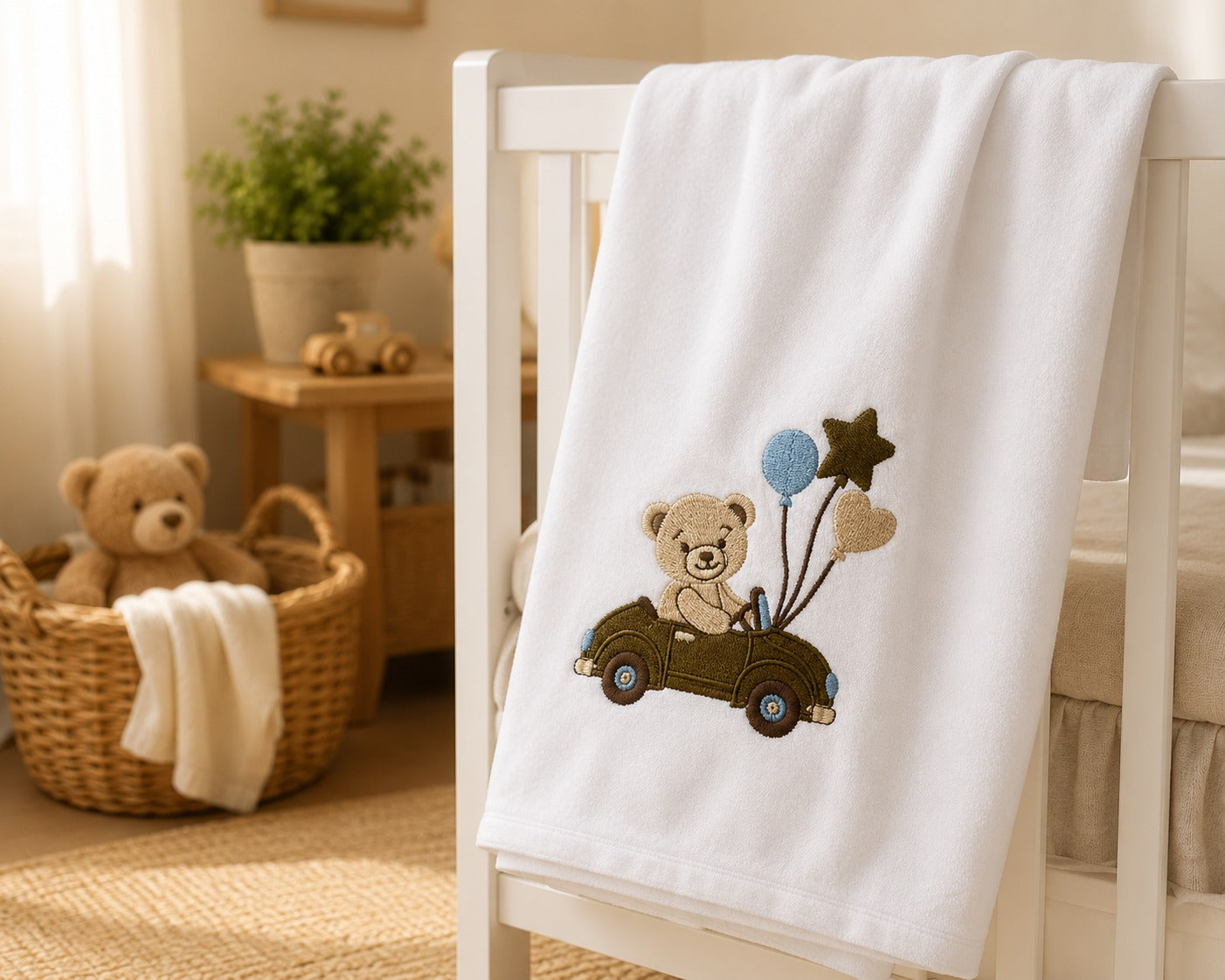 The Idea white cotton baby blanket with embroidered teddy bear car and balloons
