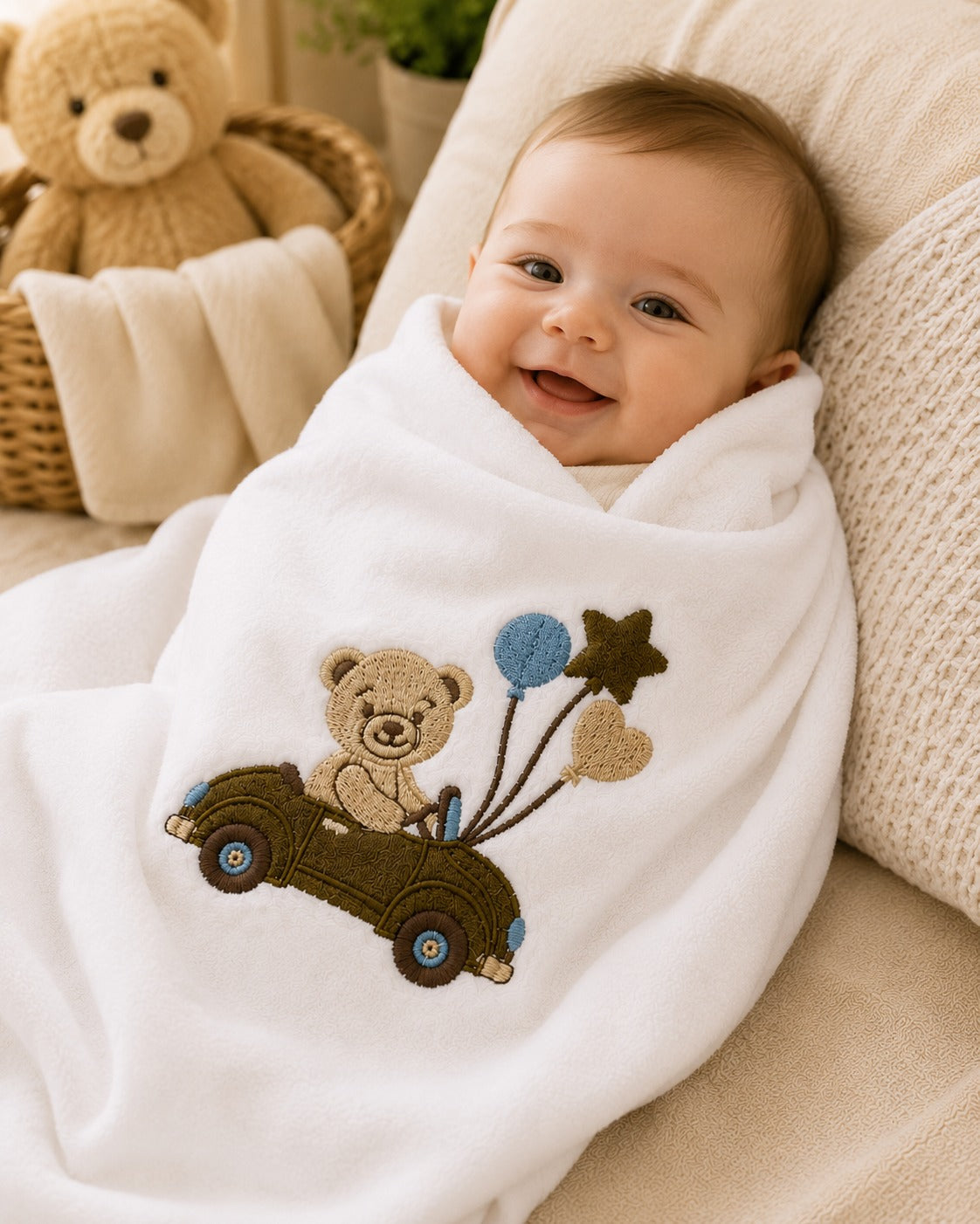 White cotton baby blanket wrapped around baby with teddy bear embroidery